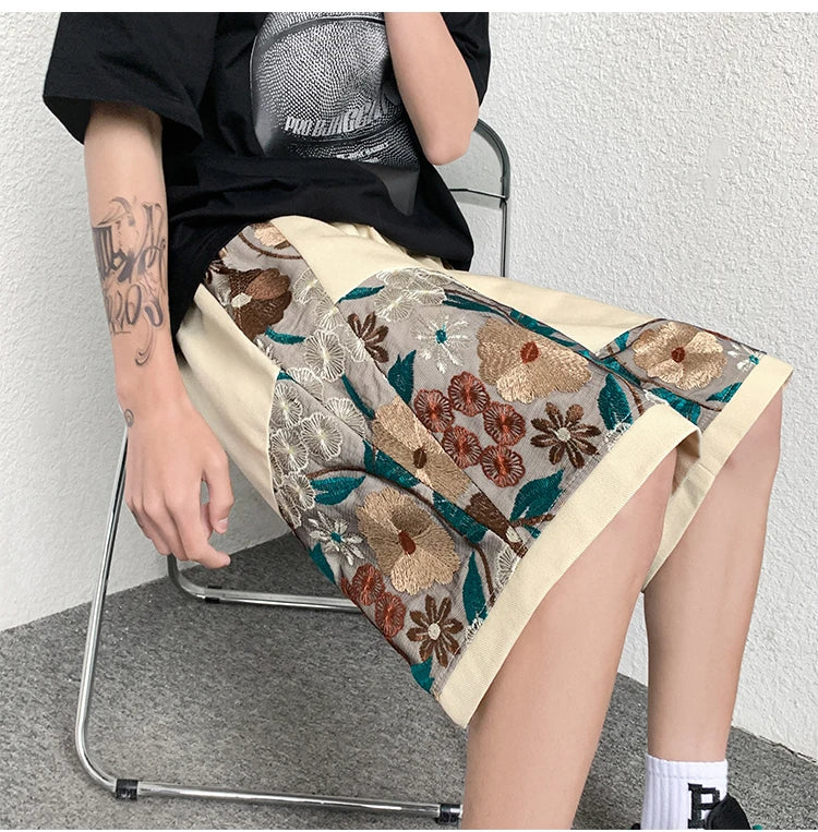 Summer Embroidery Shorts Men Fashion Casual Flower Shorts Mens Japanese Streetwear Loose Hip-hop Straight Shorts Men Plus Size Street King Limited