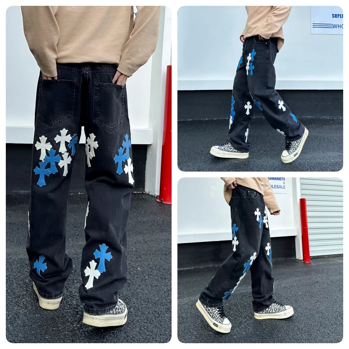 men embroidery streetwear brand fashion hip hop loose casual straight motorcycle denim jeans pant cityboy y2k jeans trousers stacked flare jeans