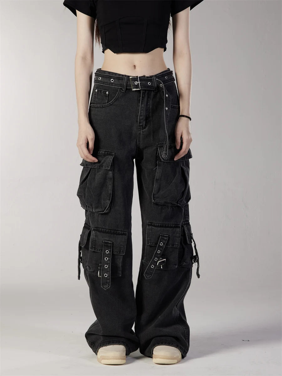fashion loose streetwear cargo denim jeans unisex casual multi pocket straight jean pants with belt hip hop joggers baggy jeans unique joggers style 2702