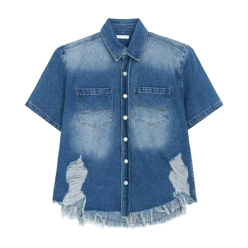 summer trend mens set shoulder padded short sleeved denim shirt quick drying casual pants 2 pcs set american retro street suit unique jeans style 3903