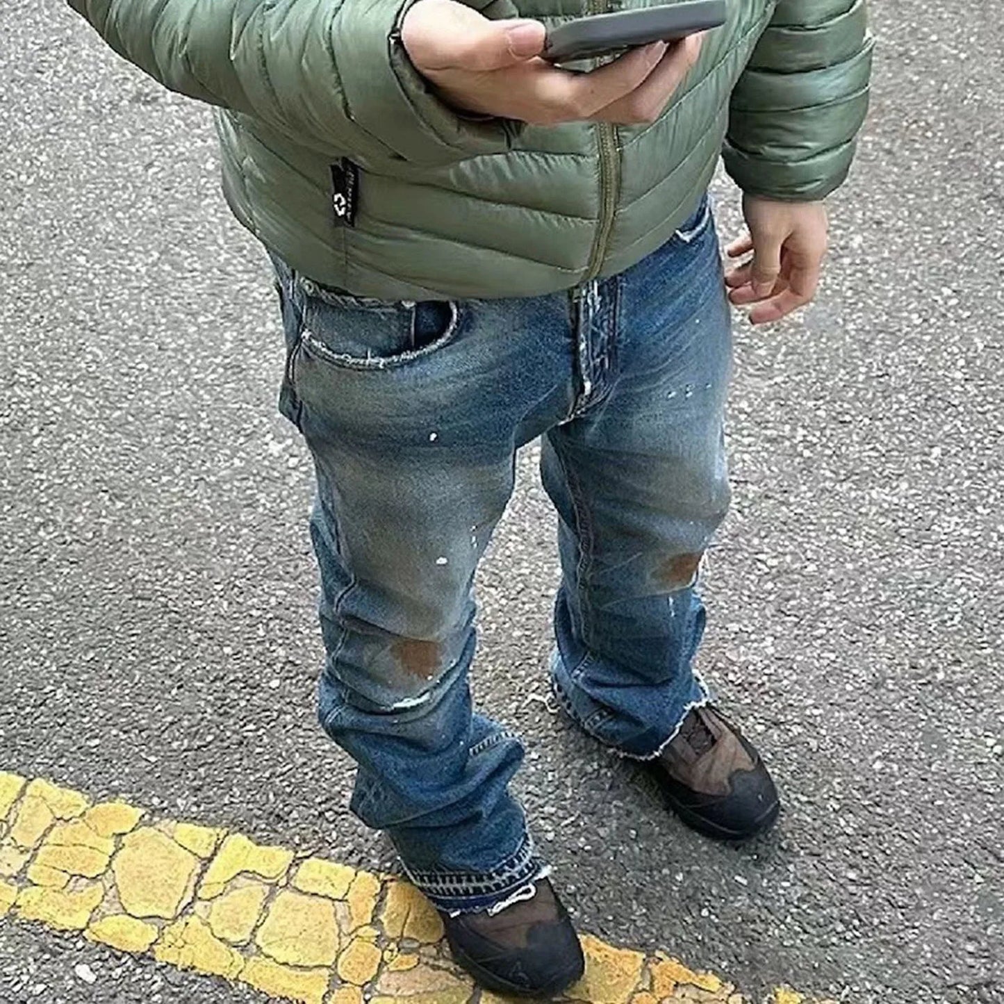 Burn Damaged Mud Dyed Washed Blue Micro Flared Jeans for Men Hip Hop Hole Distressed Baggy Denim Trousers Oversiozed Cargos Street King Limited
