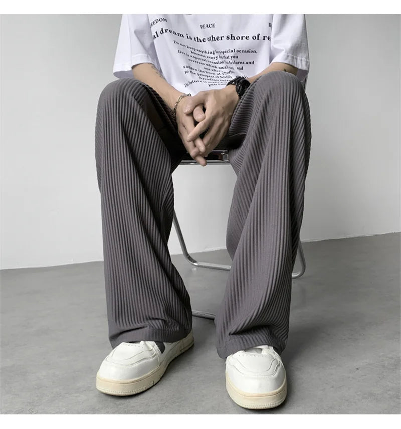 summer texture straight pants for men korean fashion baggy wide leg trousers casual drape pleated striped y2k pantalones hombre unique default style 483