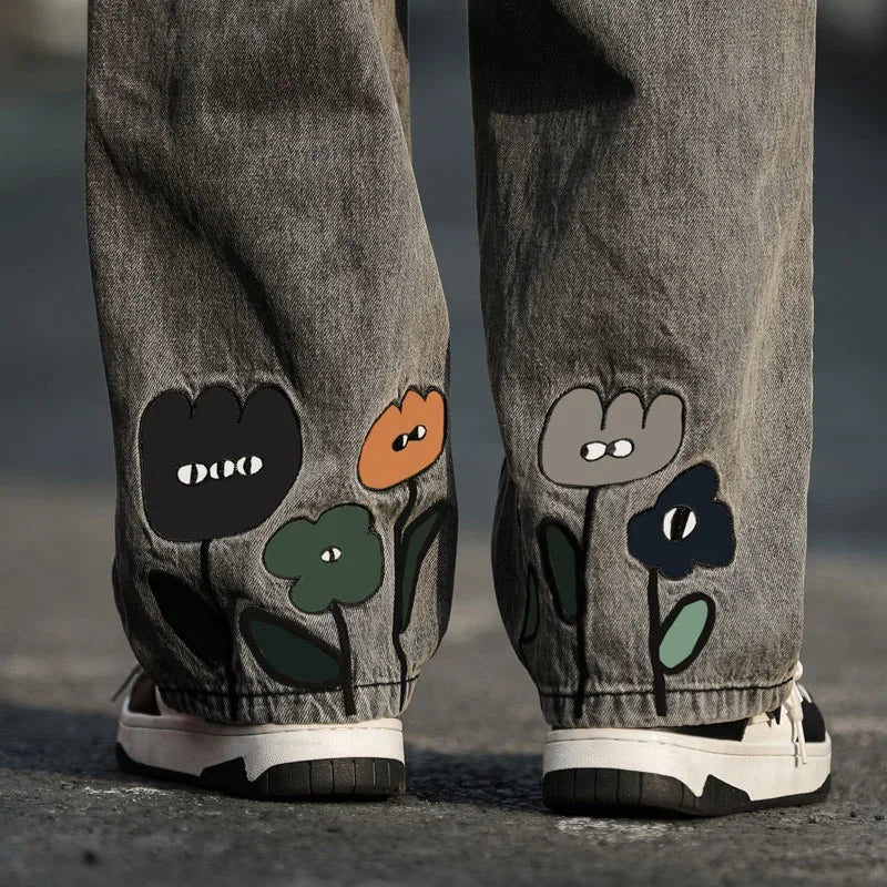 new mens y2k flower printed baggy jeans 2025 streetwear american casual denim wide leg pants hombre vintage straight trousers vintage washed jeans