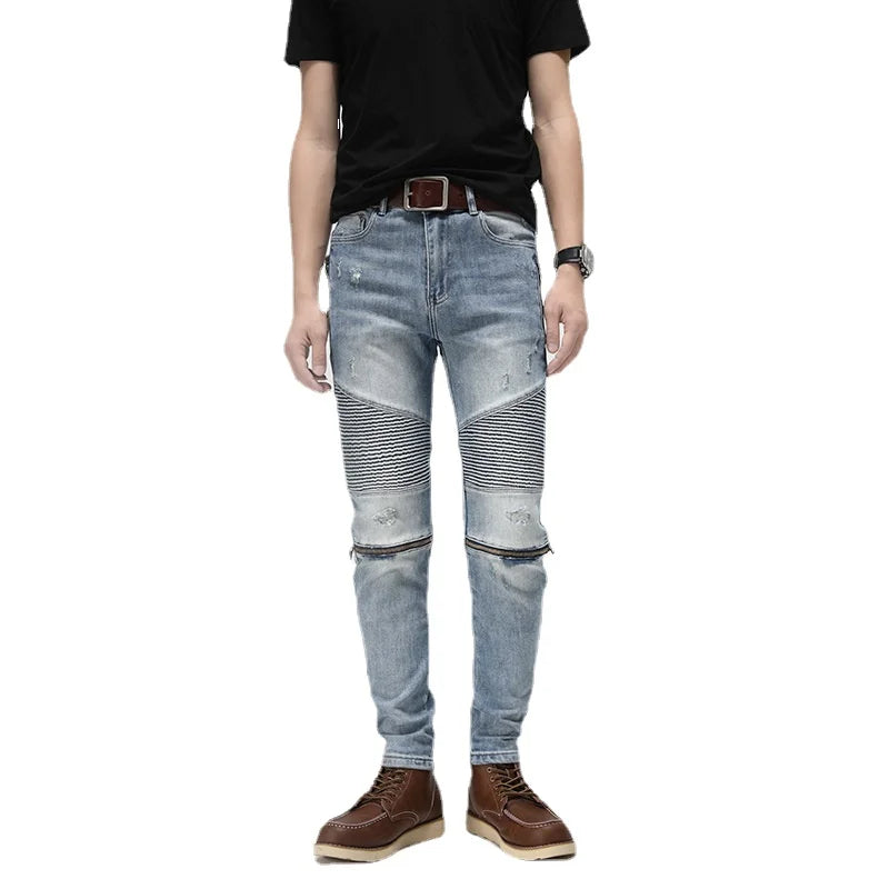 knee zipper patchwork pleated skinny denim jeans men casual slim biker trousers jeans fashion streetwear hip hop pants joggers unique joggers style 116