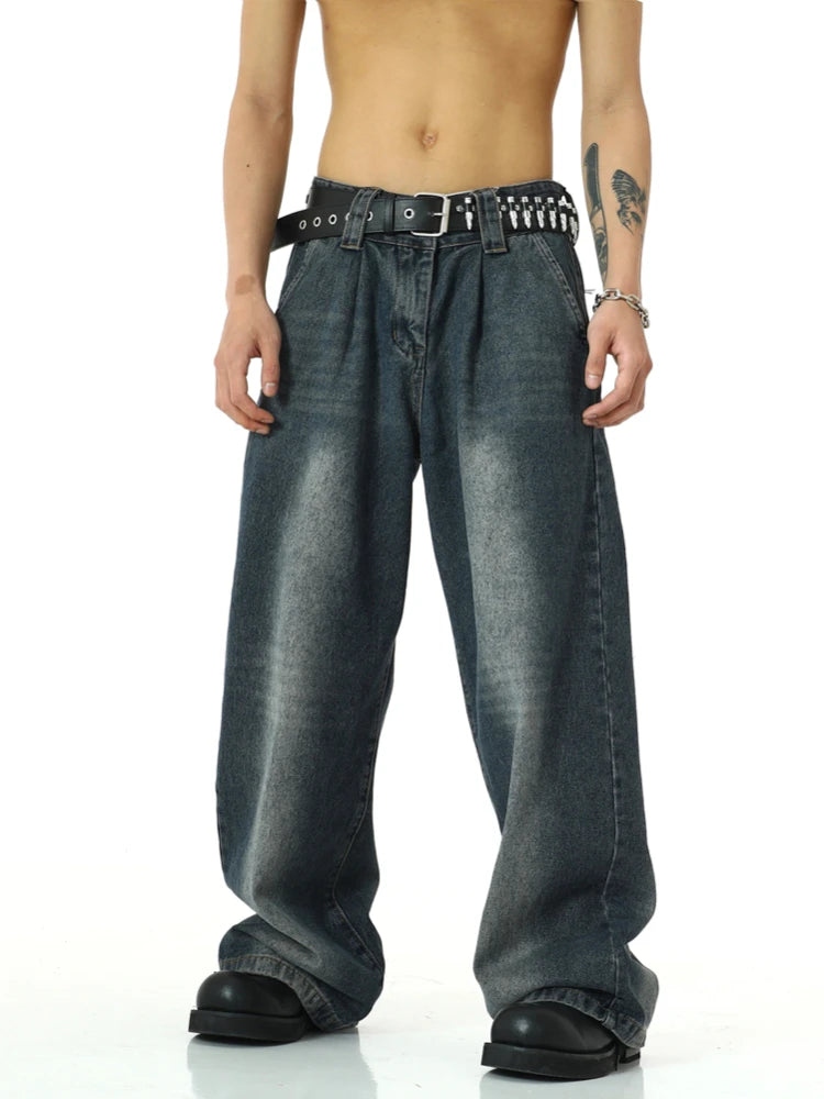 mens high street loose denim jeans unisex casual straight zipper jeans hip hop streetwear casual wide legs joggers baggy jeans unique joggers style 5078