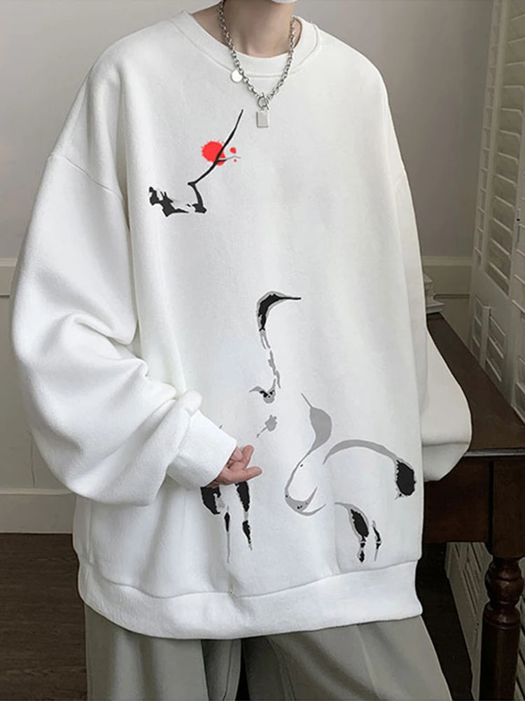 Ink Painting Cartoon Crane Printed Pullover Hoodies For Men 2024 New Hip Hop Fashion Crewneck Hoody Y2K Streetwear Sweatshirts Street King Limited