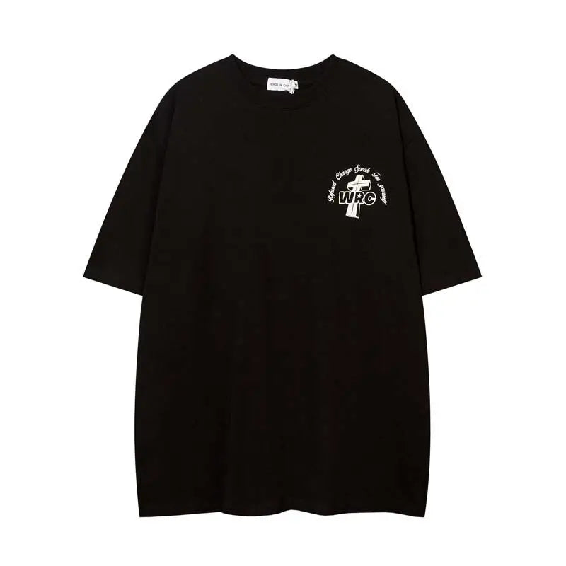 Summer cross printed short-sleeved T-shirt for male and female students loose couple American high street trendy ins couple tops Street King Limited