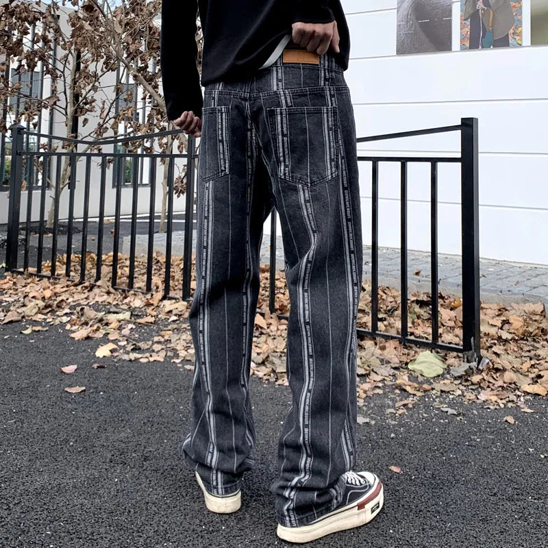 men streetwear brand fashion hip hop loose casual straight stripe motorcycle denim jeans pant cityboy y2k jeans trousers vintage washed jeans
