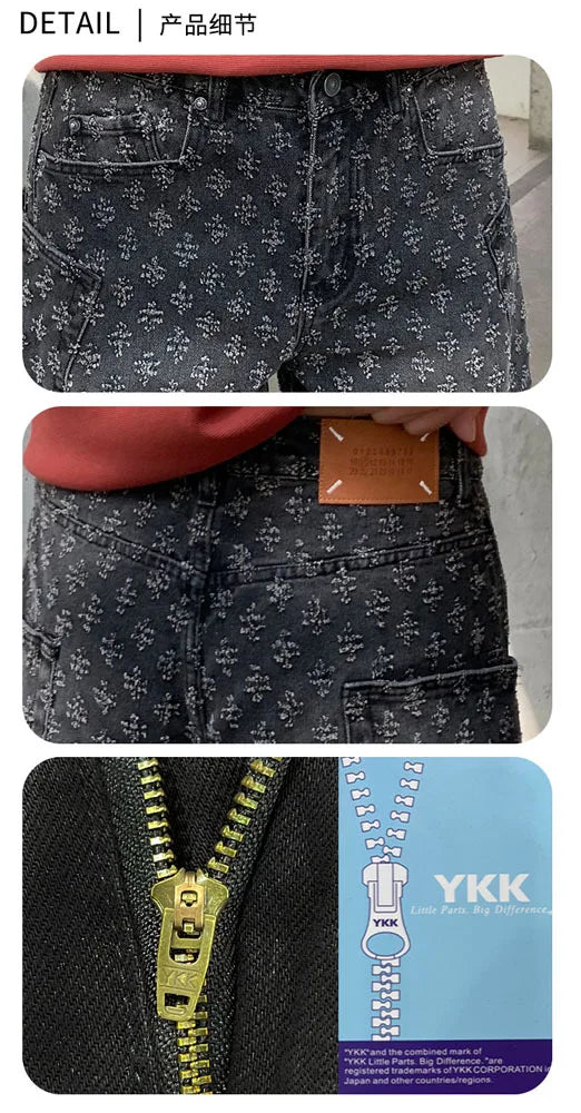 men brand fashion loose casual splice pocket jacquard vintage wide leg baggy jeans cityboy denim baggy jeans pants trousers unique jeans style 2858