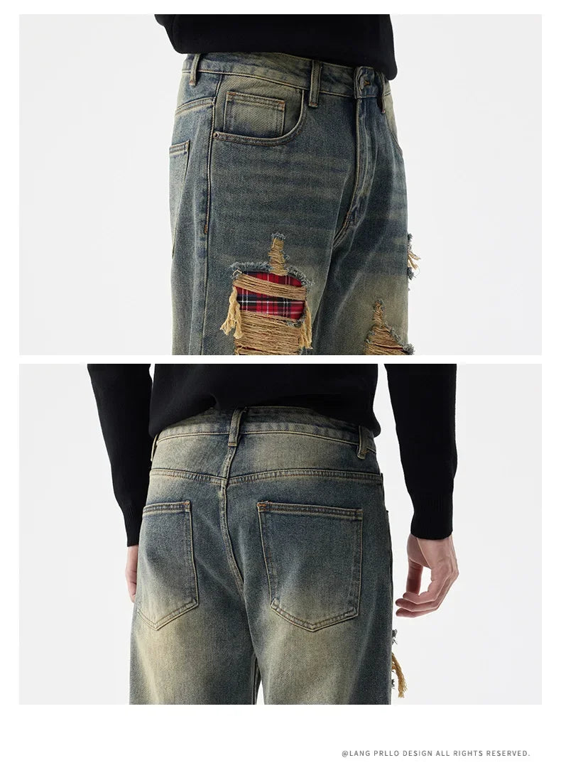 men broken hole patch loose casual plus size straight ripped denim pants jeans man streetwear fashion baggy jeans trousers unique jeans style 3047