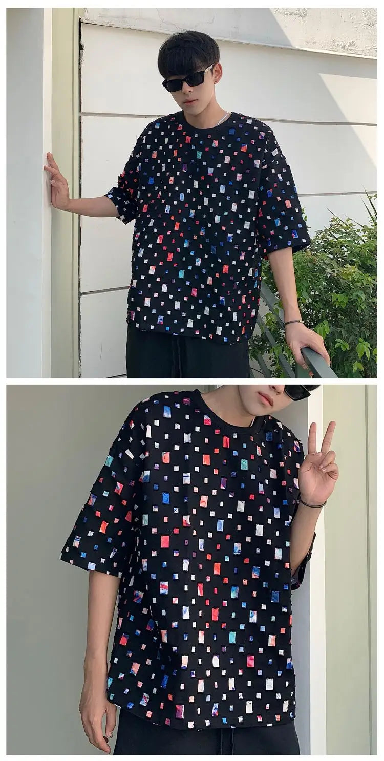 Summer Cotton Short Sleeved T-shirt Men Fashion Colorful Plaid Tshirt Men Streetwear Hip-hop Loose Hollow Out T Shirt Mens Tops Street King Limited