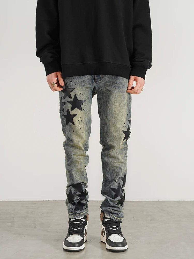 star appliques denim jeans skinny trousers slim fit men new casual biker jeans fashion streetwear hip hop trousers pants joggers sporty tapered joggers