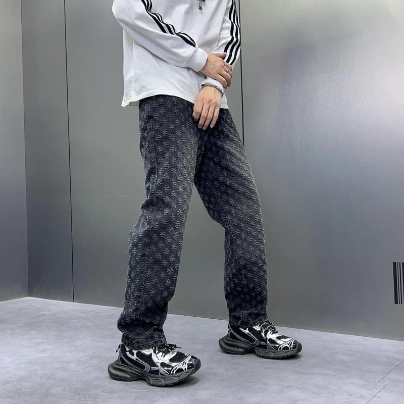 Men Wide Leg Denim Pants High Street American Retro Jacquard Loose Straight Jeans Y2K Fashion Streetwear Baggy Trousers Street King Limited