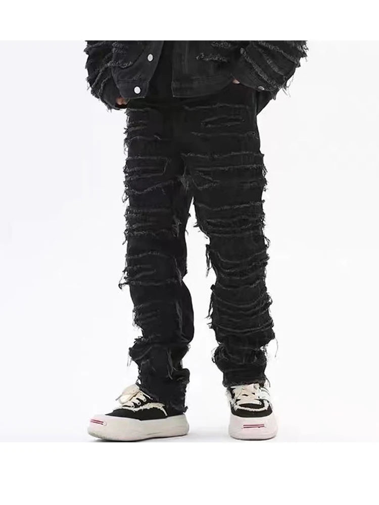 tassel hole spliced european and american straight leg denim pants new popular patch jeans mens wear denim street jeans