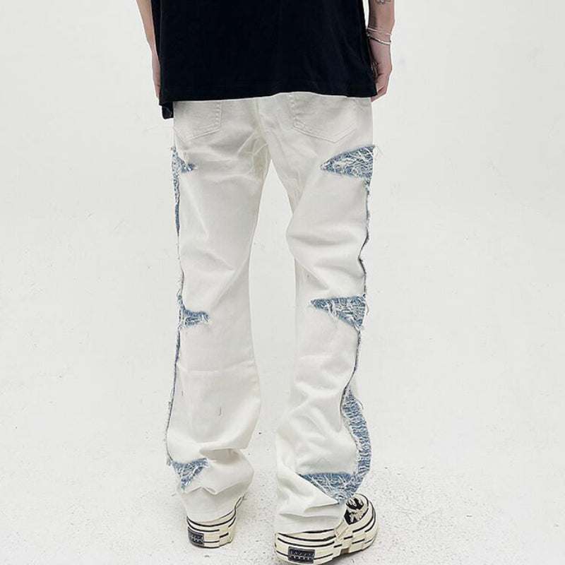 mens high street denim jean pants casual loose destroyed ripped holes straight jeans side patchwork hip hop streetwear joggers unique joggers style 1735
