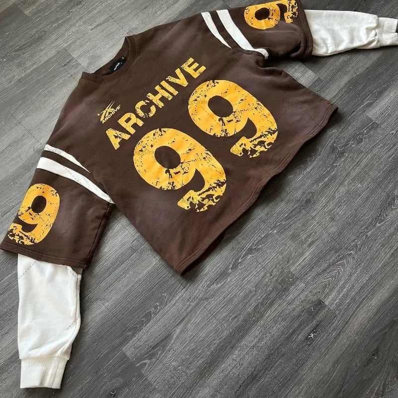 Trendy Brand Alphanumeric Printing Oversized Splicing Long-sleeved Men Y2k Street Hip-hop Rock Casual Retro Pullover Women Street King Limited