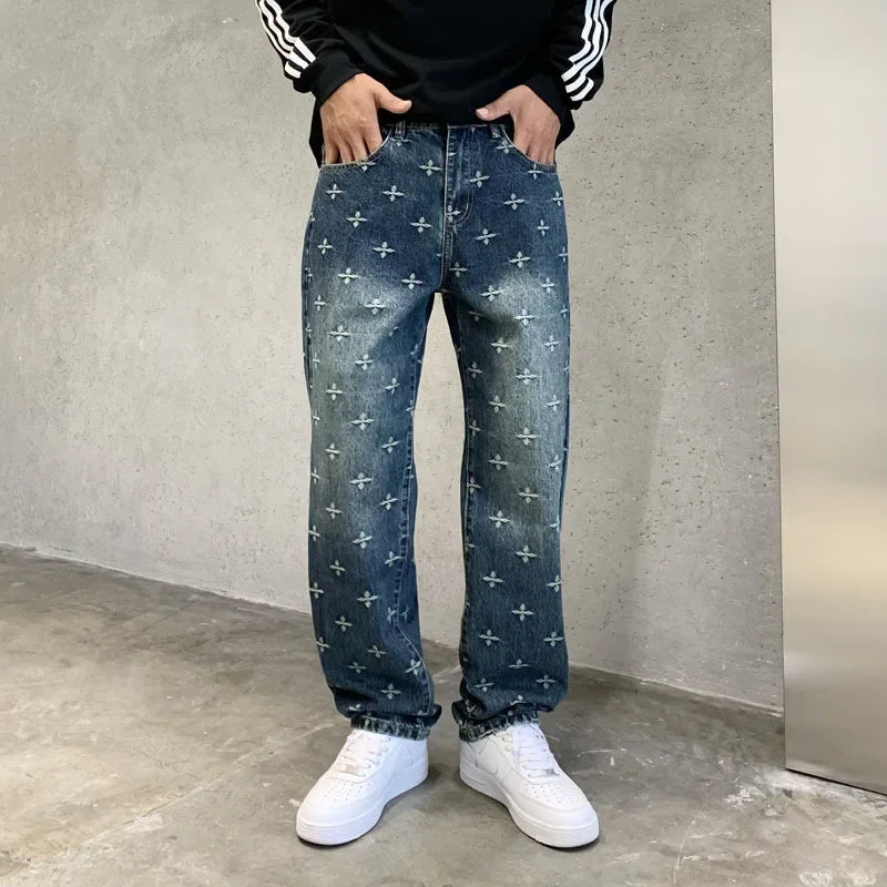autumn winter new trendy brand jacquard jeans men high street hiphop casual fashion loose denim jeans pants boyfriend trousers urban skinny jeans