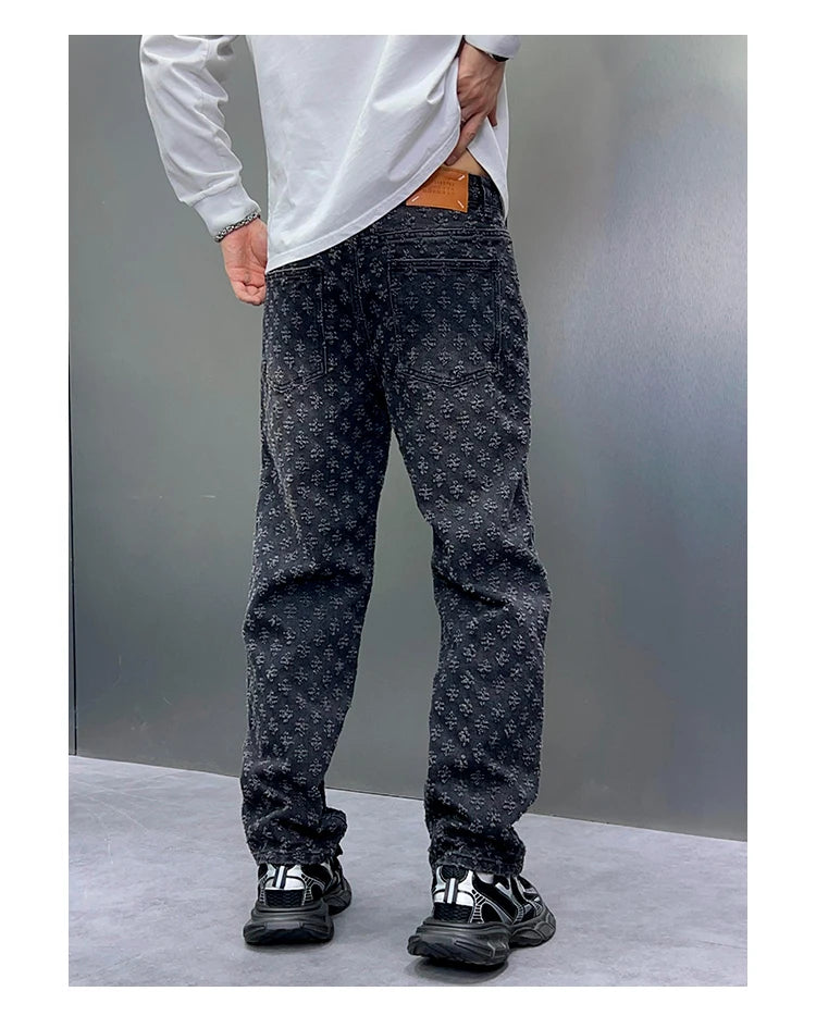 Men Wide Leg Denim Pants High Street American Retro Jacquard Loose Straight Jeans Y2K Fashion Streetwear Baggy Trousers Street King Limited