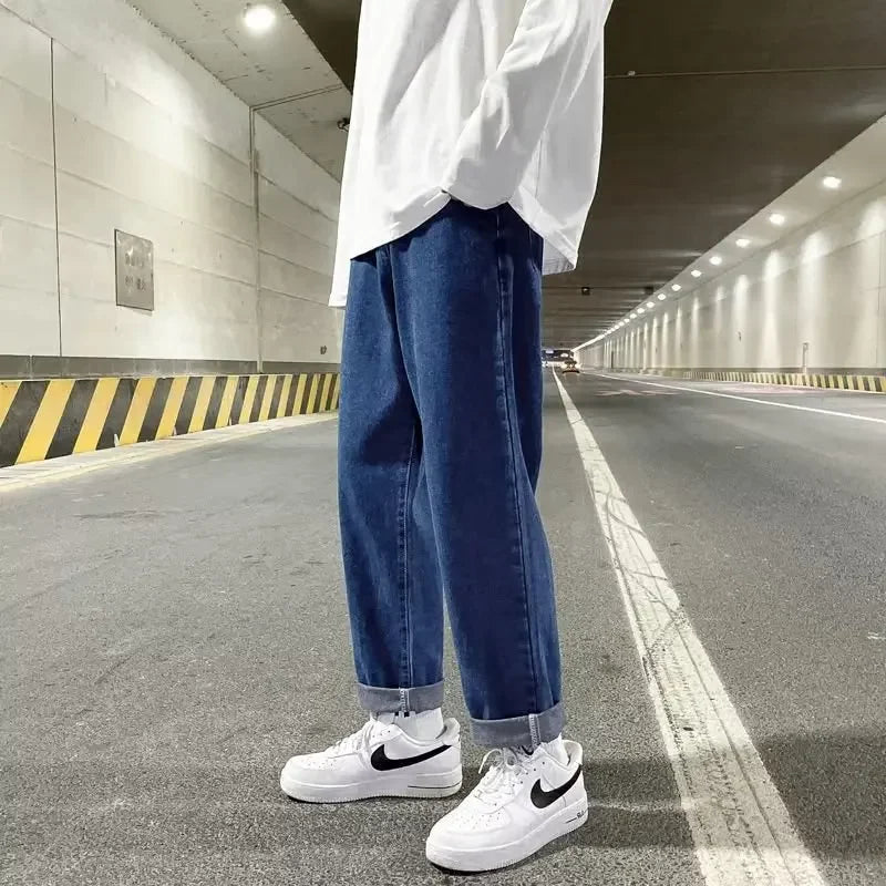 autumn korean fashion drawstring y2k jeans homme classic baggy straight wide leg pants 2025 new hip hop streetwear casual jean unique jeans style 692