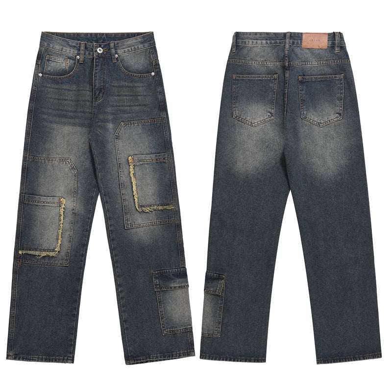 retro washed denim jeans destroyed ripped loose mens biker jeans side pocket fashion streetwear hip hop straight pants joggers unique joggers style 1191