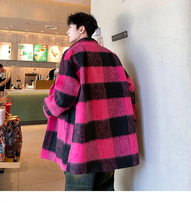 plaid woolen trenchcoat men autumn winter fashion retro streetwear suit collar loose casual trendy trench coat outerwear unique default style 1195