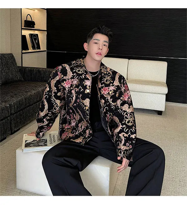 men palace style retro jacquard flower fashion show loose jacket man party dress vintage coat costumes spring autumn clothes unique default style 1243