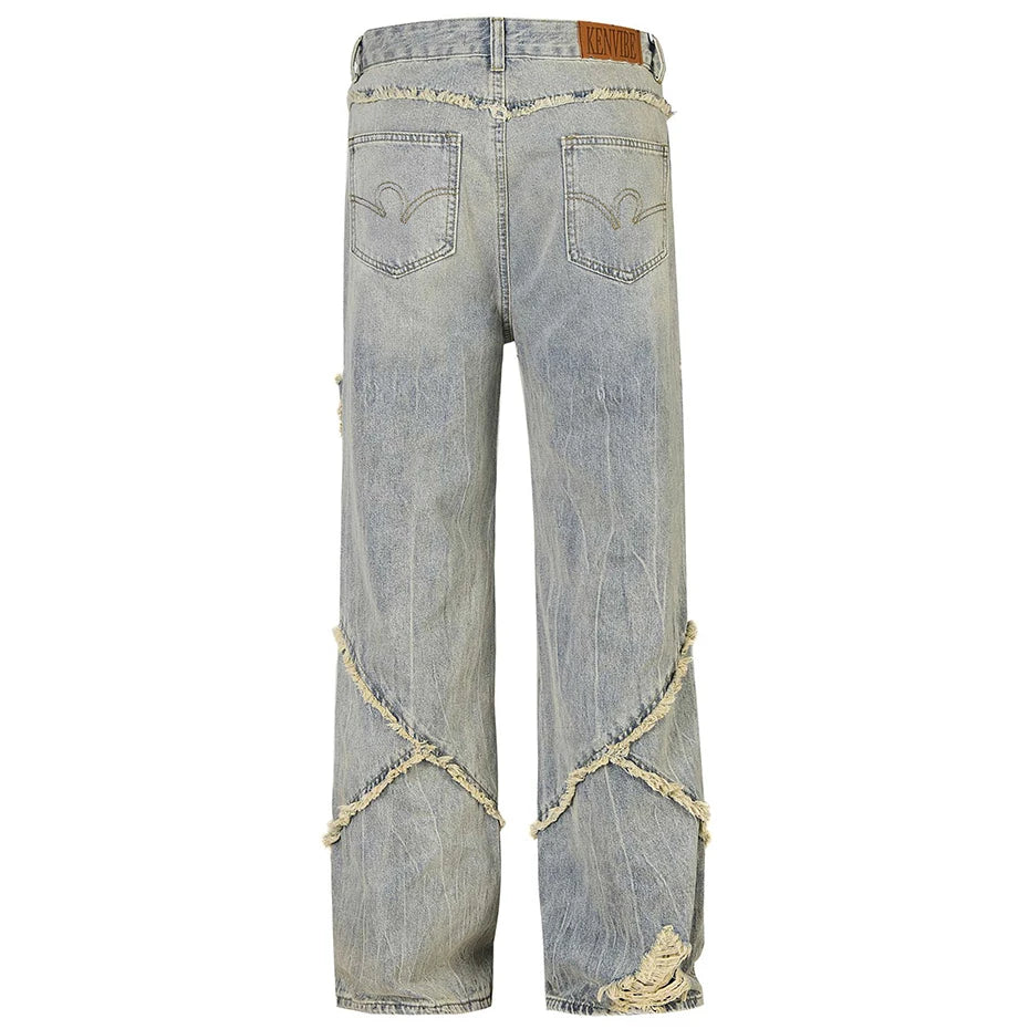 vintage ripped patchwork baggy jeans mens streetwear hip hop loose blue jeans trousers y2k distressed straight denim pants man vintage washed jeans