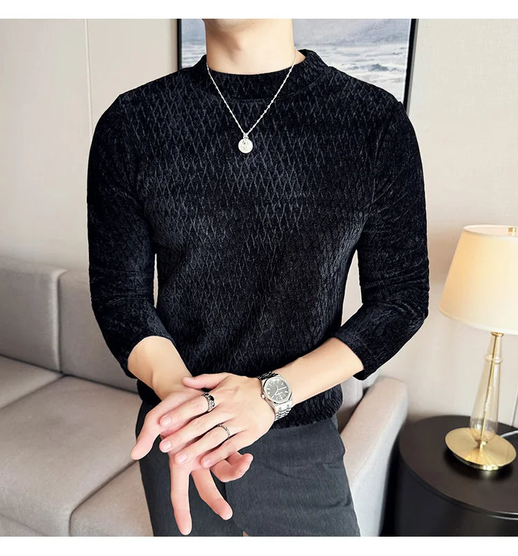 Autumn Winter Semi-turtleneck Stretch Slim Fit Long Sleeve Tshirt Men Thicken Velvet Jacquard Casual T-shirt Bottom T Shirt Street King Limited