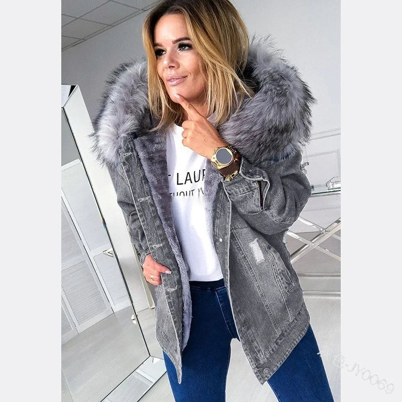 european and american retro hooded large fur collar denim jacket stylish casual warm mid length ripped and distressed jacket vintage washed jeans