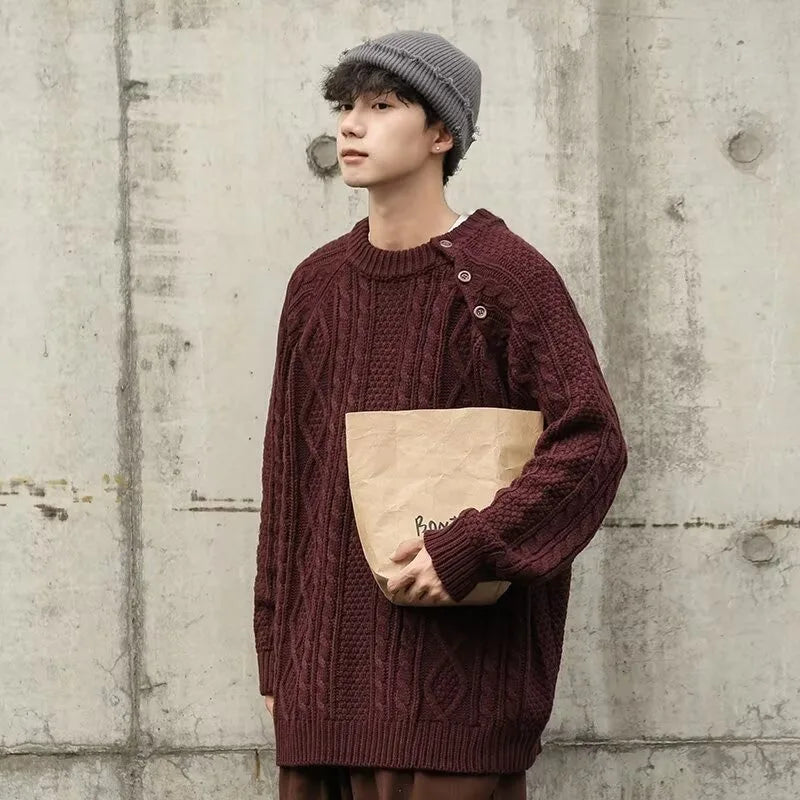 Thicken Japanese Retro Sweater Mens 2024 New College Couples Casual Warm Round Neck Pullover Red Simplicity Knitted Jacket Street King Limited