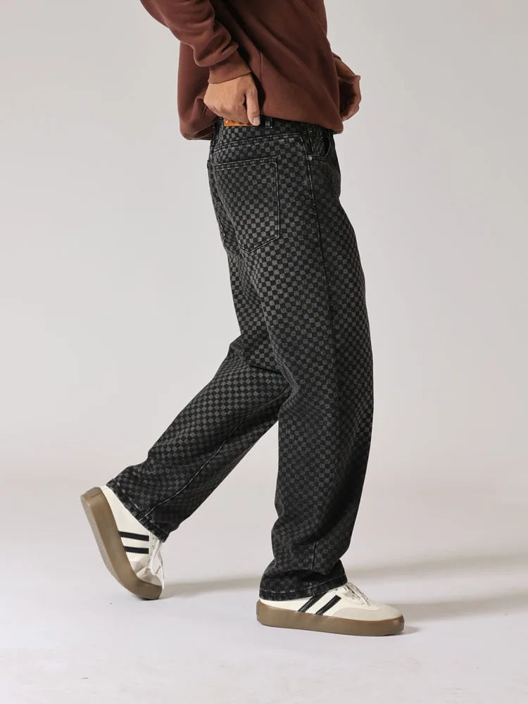 men streetwear fashion hip hop loose casual print black plaid denim pant jeans man vibe straight cowboy baggy jeans trousers unique jeans style 1446