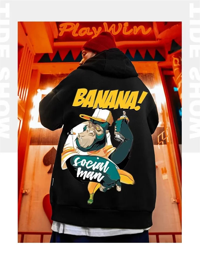 Cartoon Gorilla Banana Graphic Men's Hoodies Autumn Oversized Hip Hop Fashion Hooded Sweatshirts Harajuku Male Casual Y2K Hoodie Street King Limited