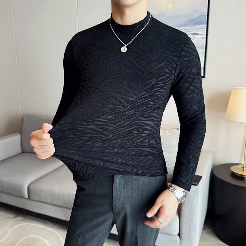 Semi-turtleneck Stretch Slim Fit T Shirt Men Long Sleeve Thicken Velvet Tiger-pattern Bottom T-shirt Business Casual Tshirt Street King Limited