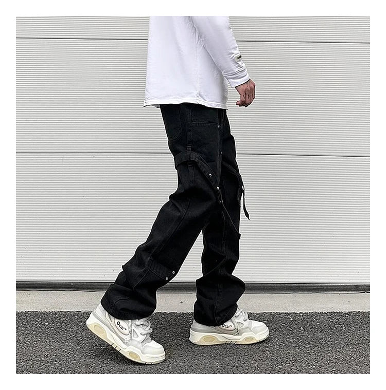 fashion knee adjust belt decoration denim jeans zipper straight jeans hip hop streetwear mens casual loose joggers jeans pants unique joggers style 1541