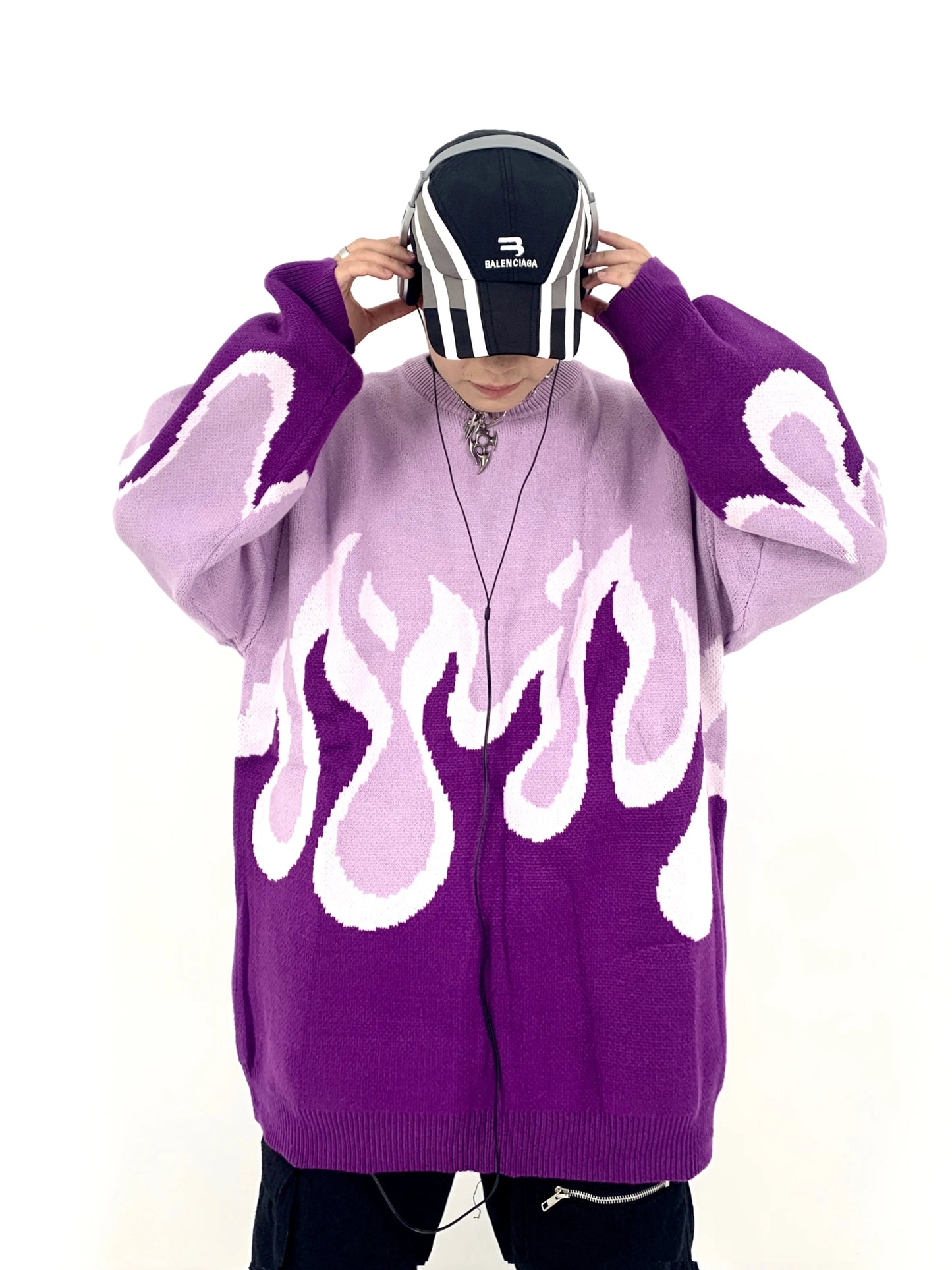 Hip Hop Fire Knitted Oversized Sweater Men Autumn Winter O-neck Long Sleeve Pullover Streetwear New Loose Tops Sweaters Clothing Street King Limited