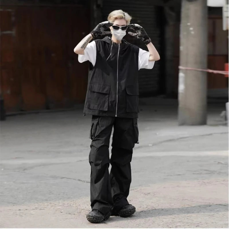 summer casual sleeveless set men hip hop loose hooded vest pockets straight leg cargo pants 2 piece outdoors sports camp suit military streetwear pants