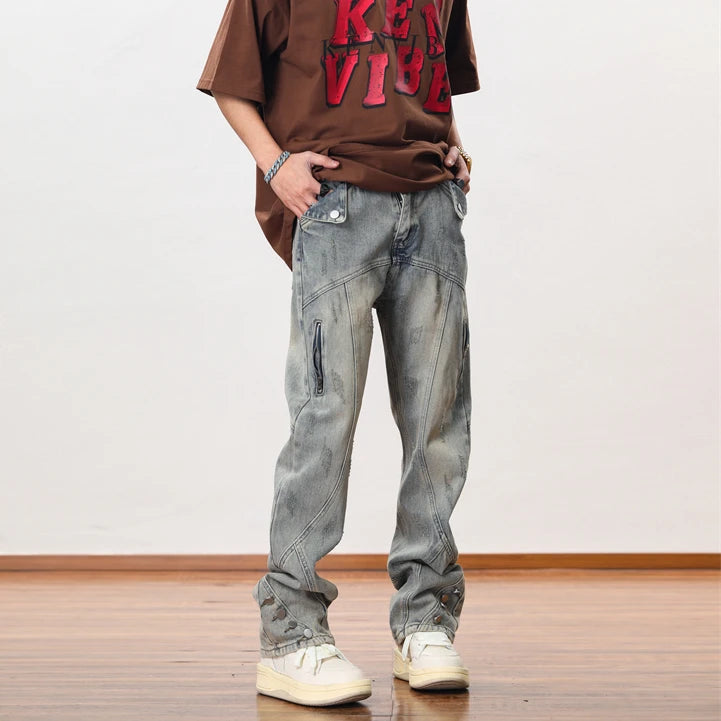 hip hip streetwear denim straight pants mens harajuku retro washed cotton casual zipper joggers jeans trousers pants jean men unique joggers style 1086
