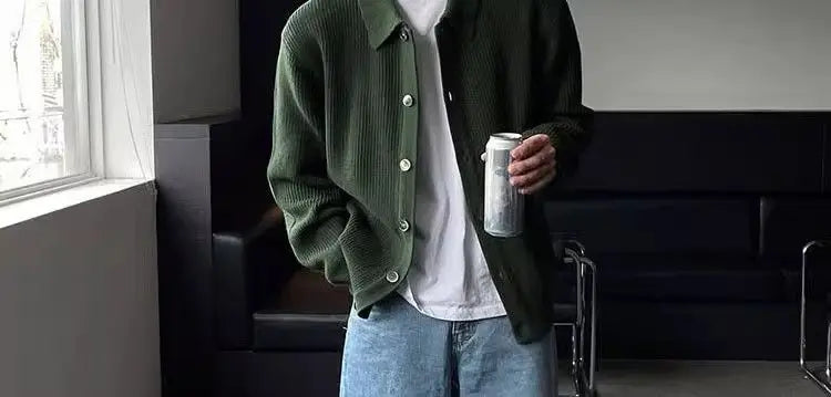 Trendy Korean Style Simple Green Sweater Retro Jacket Men's Sweater Trendy Casual Niche Y2K Street Hip-hop Jacket Tops Street King Limited