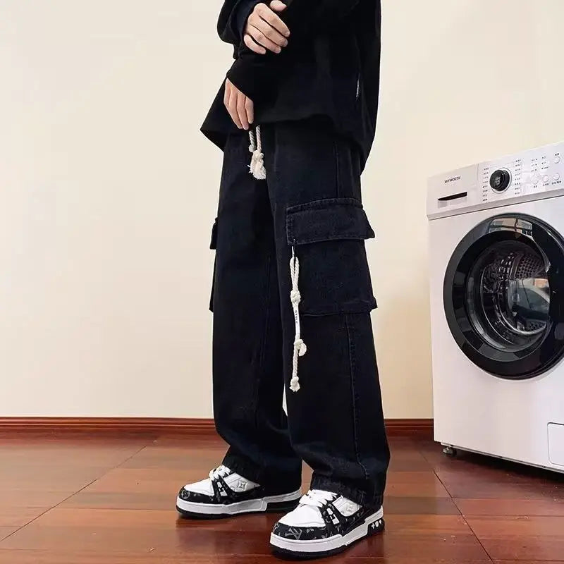 american retro and personalized straight leg jeans for men and women with hiphop big pocket design work pants loose casual pants unique jeans style 767