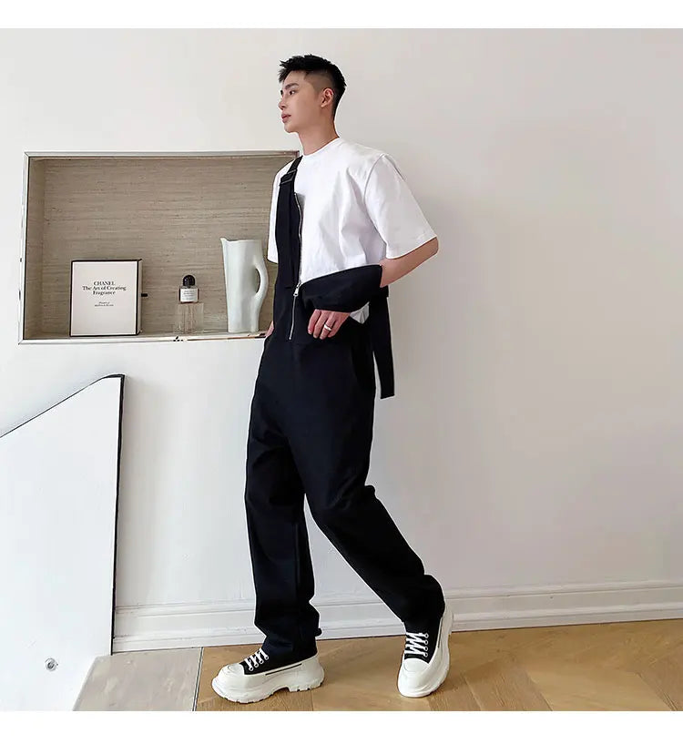 Trendy Men's Shoulder Strap Jumpsuit Pants Washed Loose Fitting Workwear Pants Multi Pocket Streetwear Cargo Suspenders Pants Street King Limited