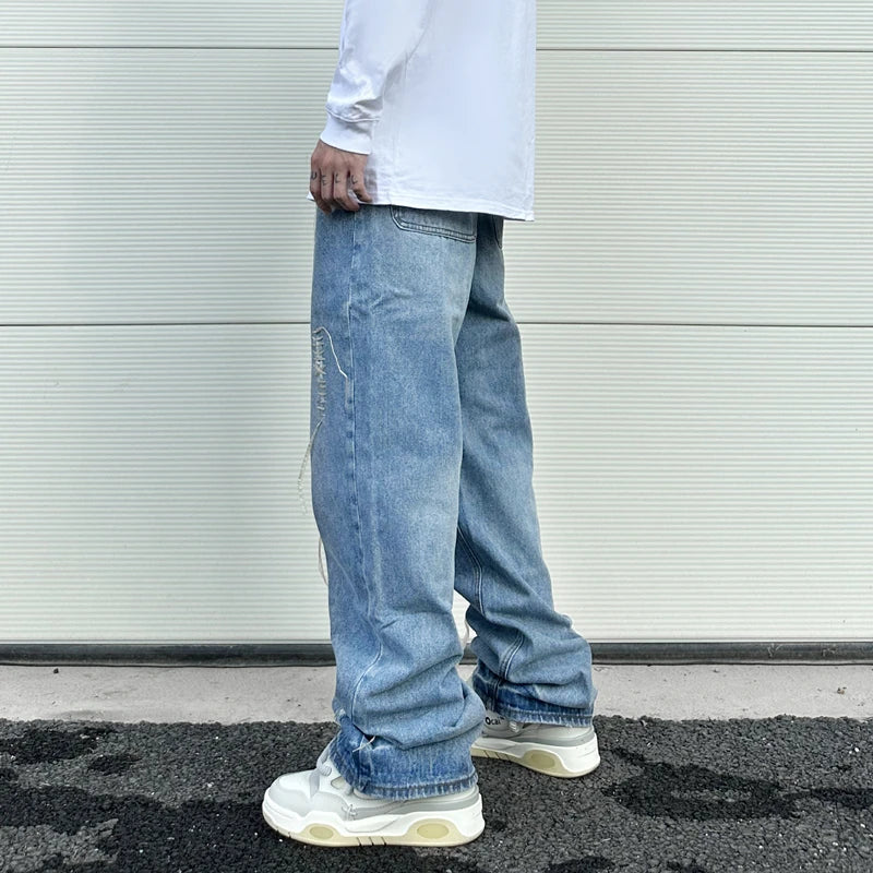 fashion loose streetwear denim jeans new casual wide legs straight jean pants hip hop tassel joggers baggy jeans men clothing unique joggers style 4891