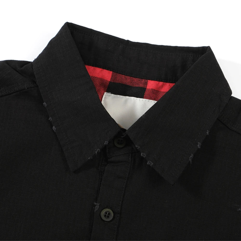 Undermycar 2023 New Worn Out Heavy Work Durable Splice Extra Large Loose Plaid Shirt with Black and Red Plaid Street King Limited
