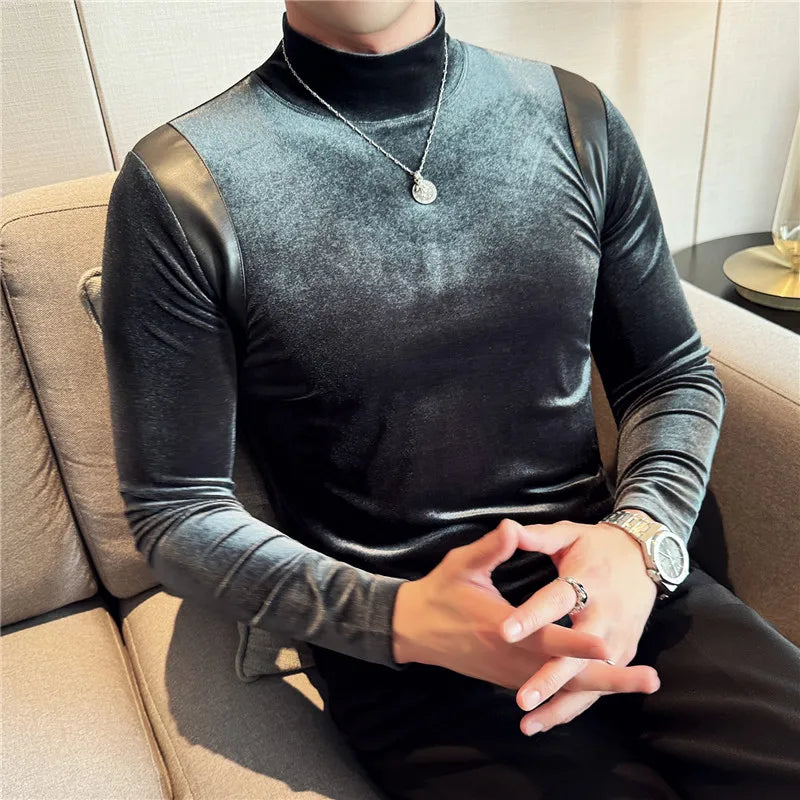 Turtleneck Stretch Slim-fit T-shirt Men Long Sleeve Thicken Elastic Velvet Retro Fashion Casual Tshirt Handsome Man T Shirts Street King Limited