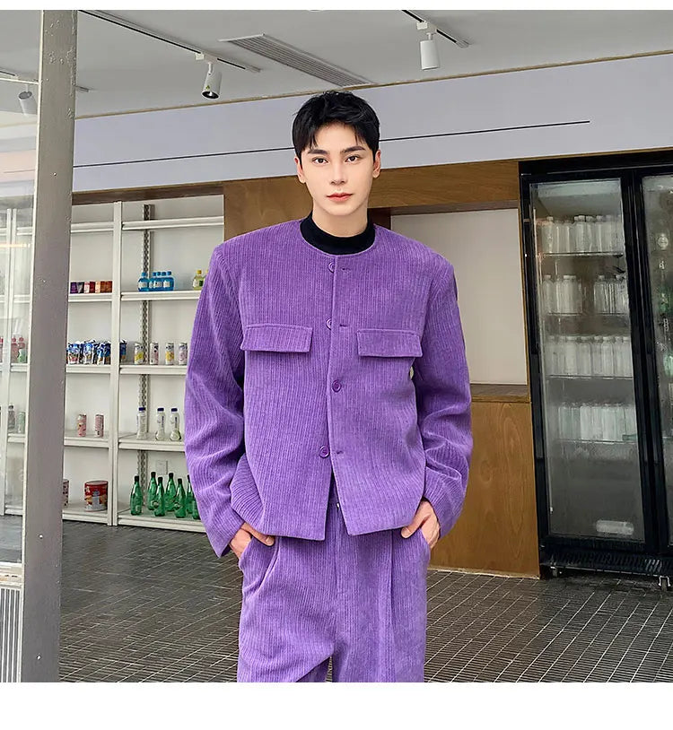 men 2 pieces sets corduroy short jacket wide leg pant suits korean streetwear fashion loose casual retro coat baggy trousers unique shorts style 2682