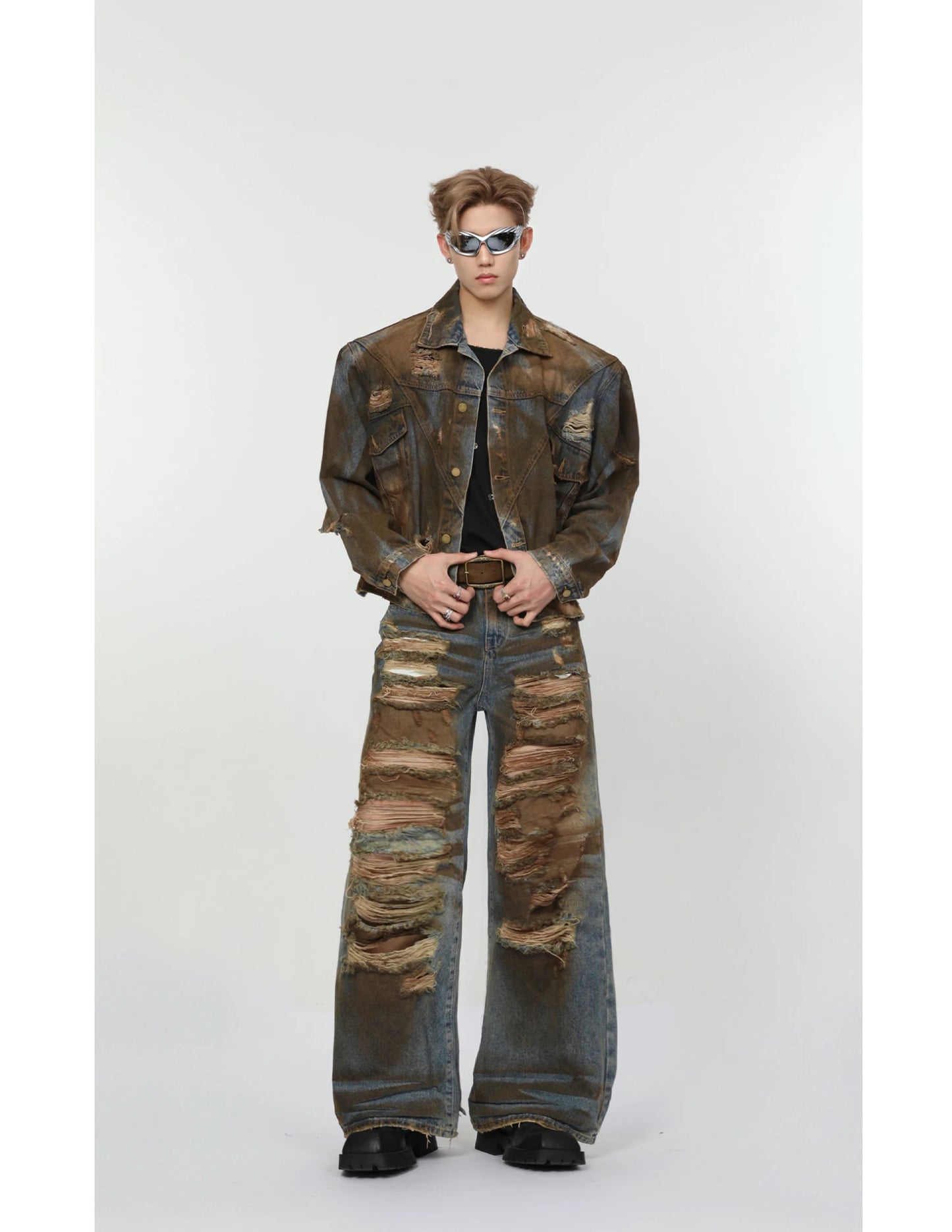 2 pieces sets mens dirty graffiti wide shouder denim jeans jacket coat and ripped holes wide legs pants joggers streetwear sets unique joggers style 3540