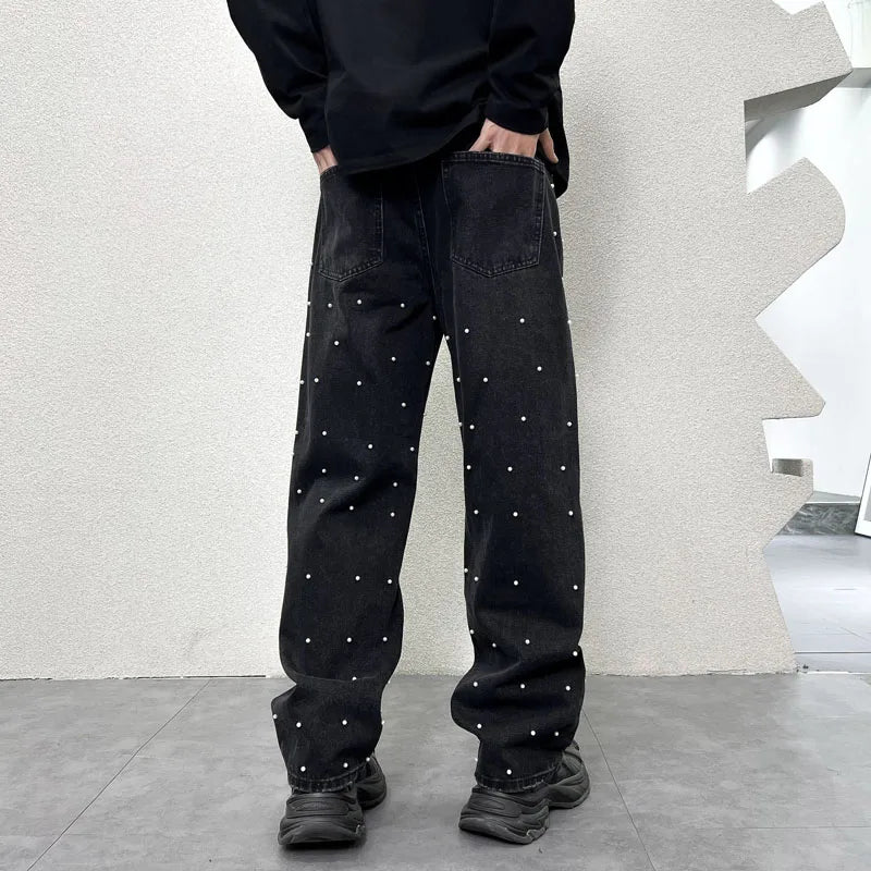 men bead streetwear fashion hip hop vibe loose casual wide leg straight denim jeans baggy pant man boyfriend jeans trousers urban skinny jeans