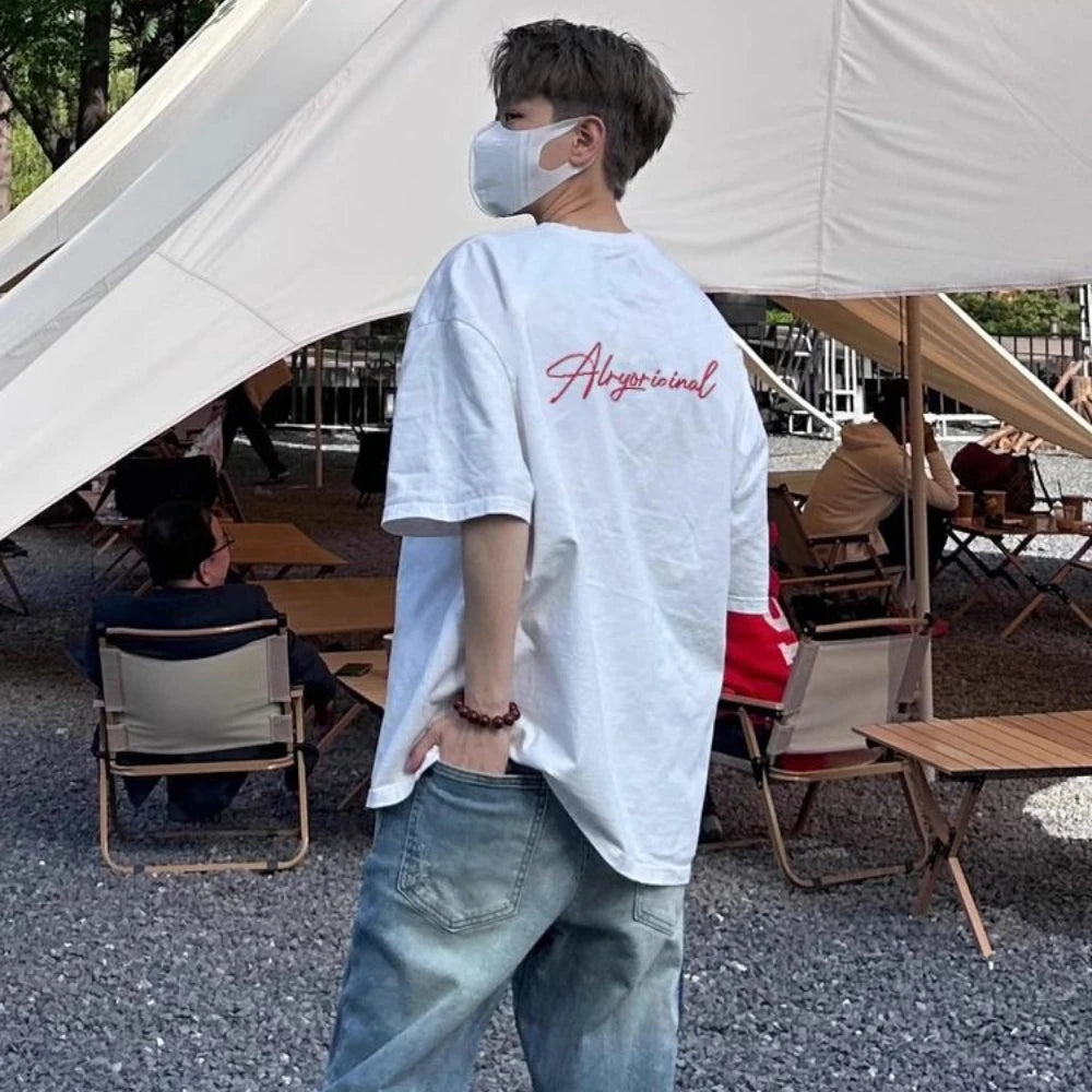 Summer Korean Boys Retro Short-sleeved T-shirt American Personality Street Y2K Hip-hop 2024 White Loose Niche Half-sleeved Top Street King Limited