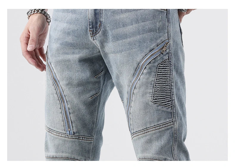 zipper hole patchwork pleated skinny denim jeans men casual slim fit biker trouser jeans fashion streetwear hip hop jean joggers unique joggers style 781