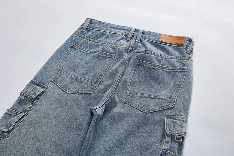 mens baggy jeans side big pocket distressed ripped denim jean straight pants high street cargo jean pants hip hop joggers jeans unique joggers style 1990
