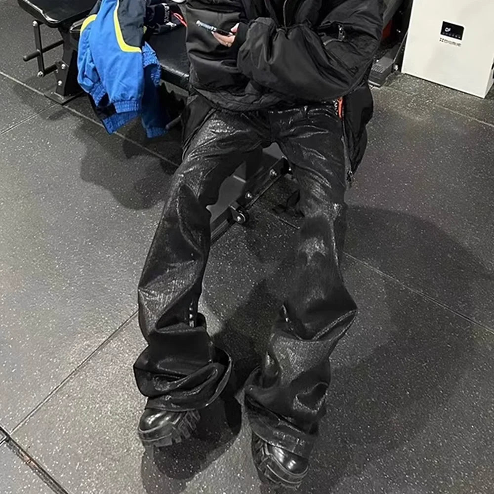 Streetwear Black Wax Leather Strecth Jeans for Men Ropa Hombre Baggy Y2k Flare Pants Oversized Straight Denim Trousers Street King Limited